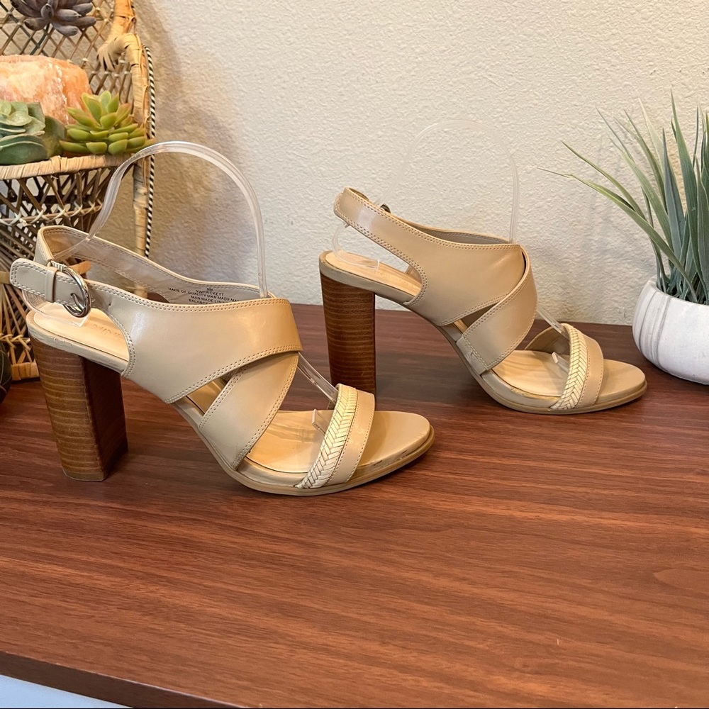 Nine West Pickett Faux Wood Block Heel Open Toe Pumps Size 9